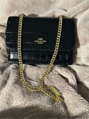 Coach Black Croc-Embossed Leather Chain Crossbody with Gold Hardware